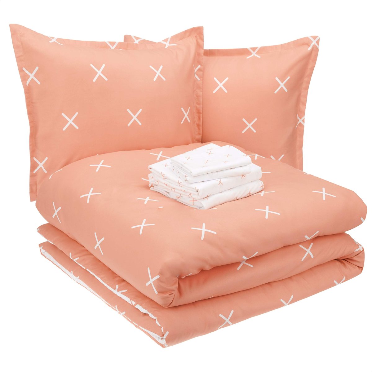 AmazonBasics College Dorm Bed-in-a-Bag with Elastic Storage Pockets - Full/Queen - Salmon X's