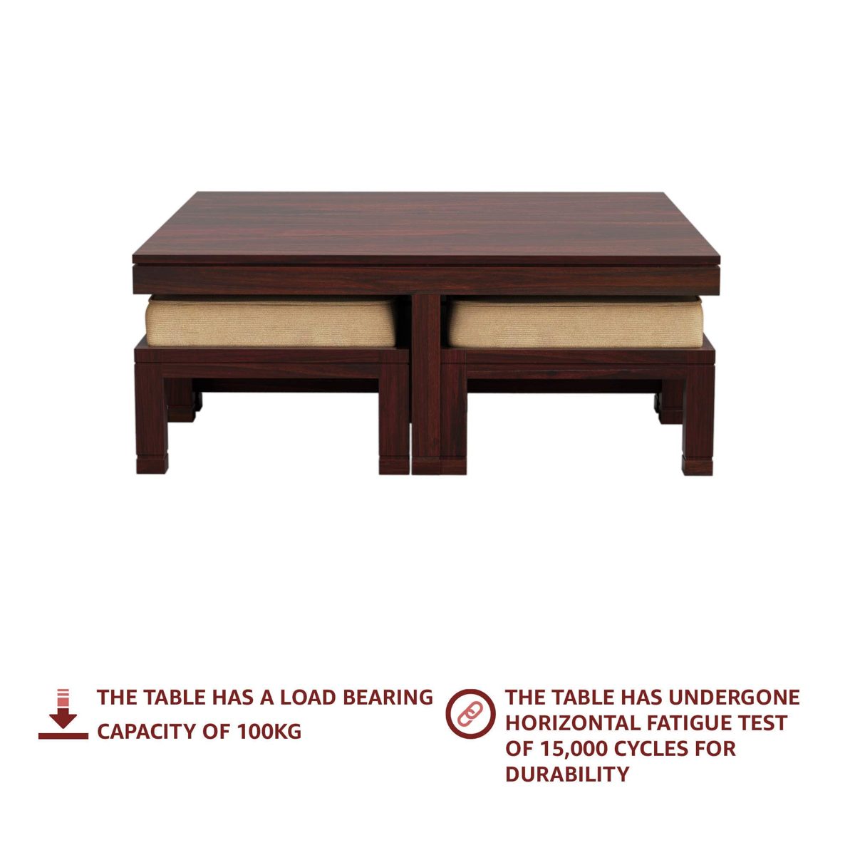 Amazon Brand - Solimo Andro Solid Sheesham Wood Coffee Table with 4 Stools (Mahogany Finish)
