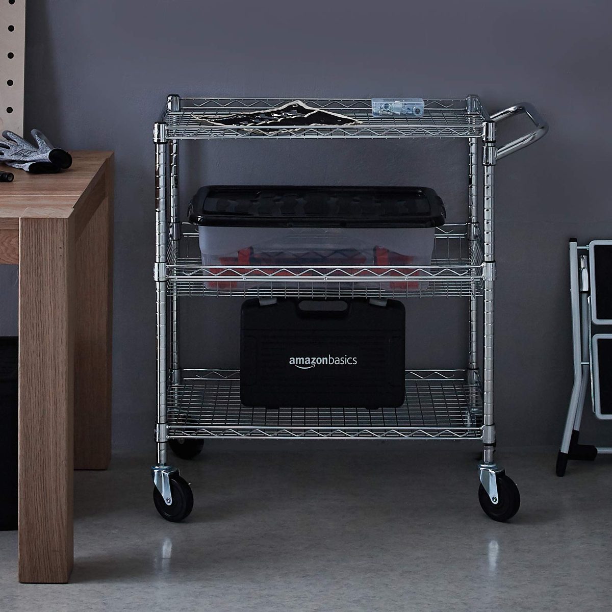 AmazonCommercial Heavy-Duty 3-Tier Utility Cart, NSF Certified, 35" W x 18" D x 34.5" H, Chrome