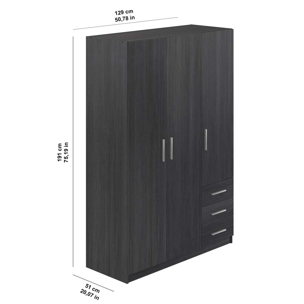 Amazon Brand - Movian Indre 3-Door 3-Drawer Wardrobe, 129 x 51 x 191cm, Dark Grey