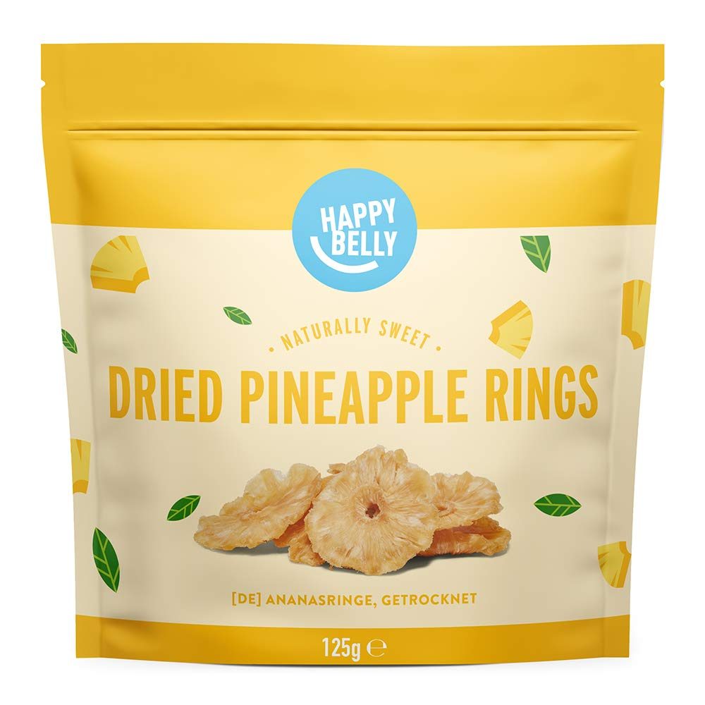 Amazon Brand - Happy Belly Dried Pineapple Rings, 6 x 125g