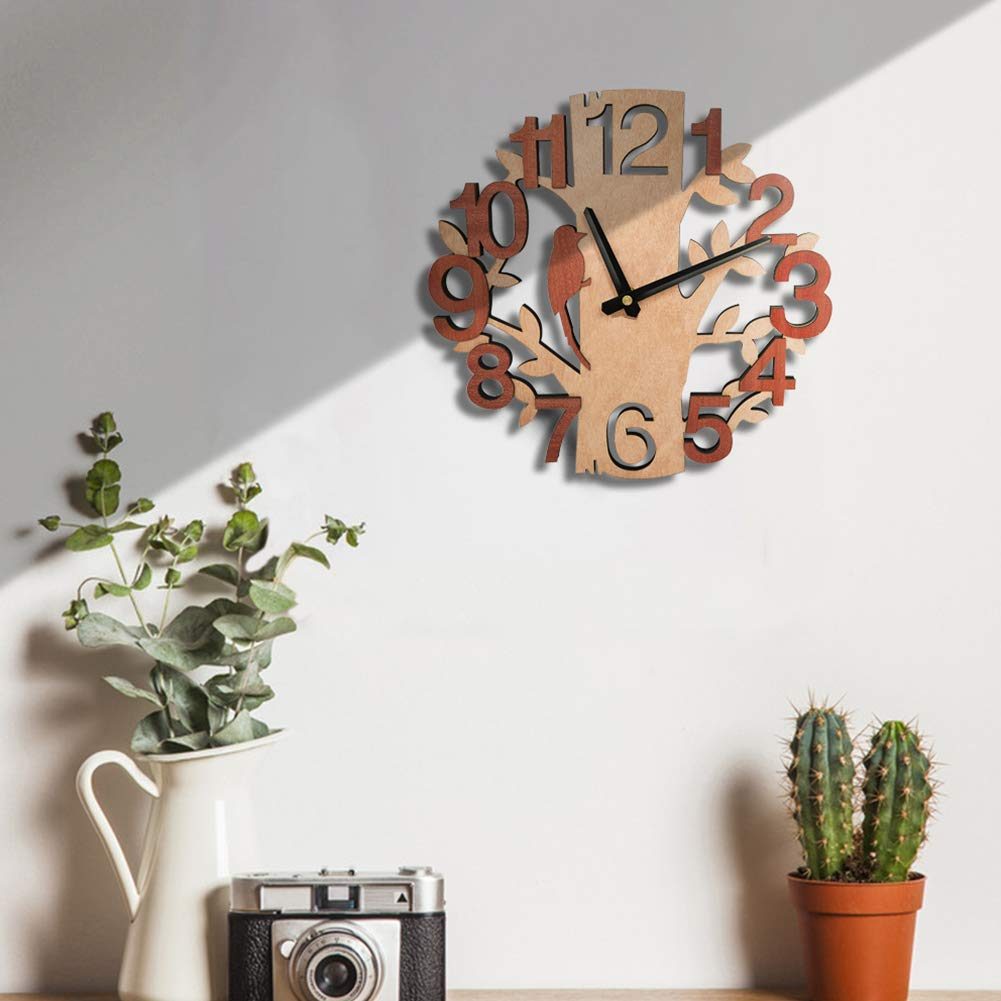 Umi.Essentials Silent Wall Clock Tree with Bird Design Wooden Clock Diameter 28.5 cm