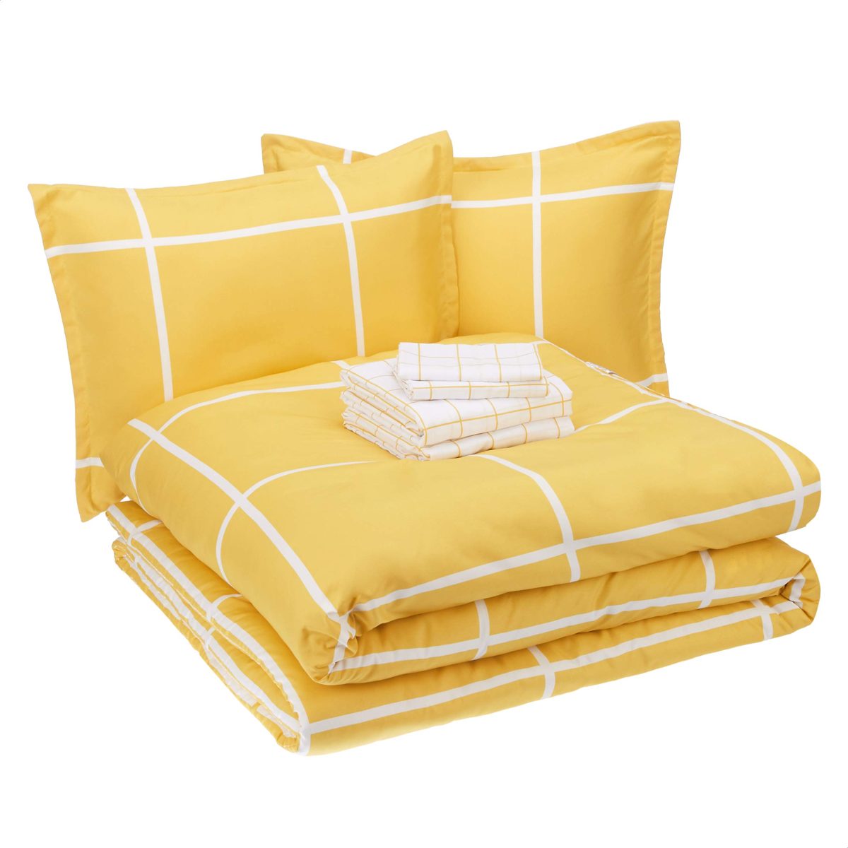 AmazonBasics College Dorm Bed-in-a-Bag with Elastic Storage Pockets - Full/Queen - Gold Grid