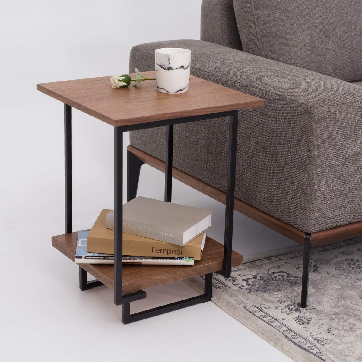 Amazon Brand - Rivet End/Side Table with 2 Shelves, 40 x 40 x 54cm, MDF with Walnut Veneer/Black Metal Frame