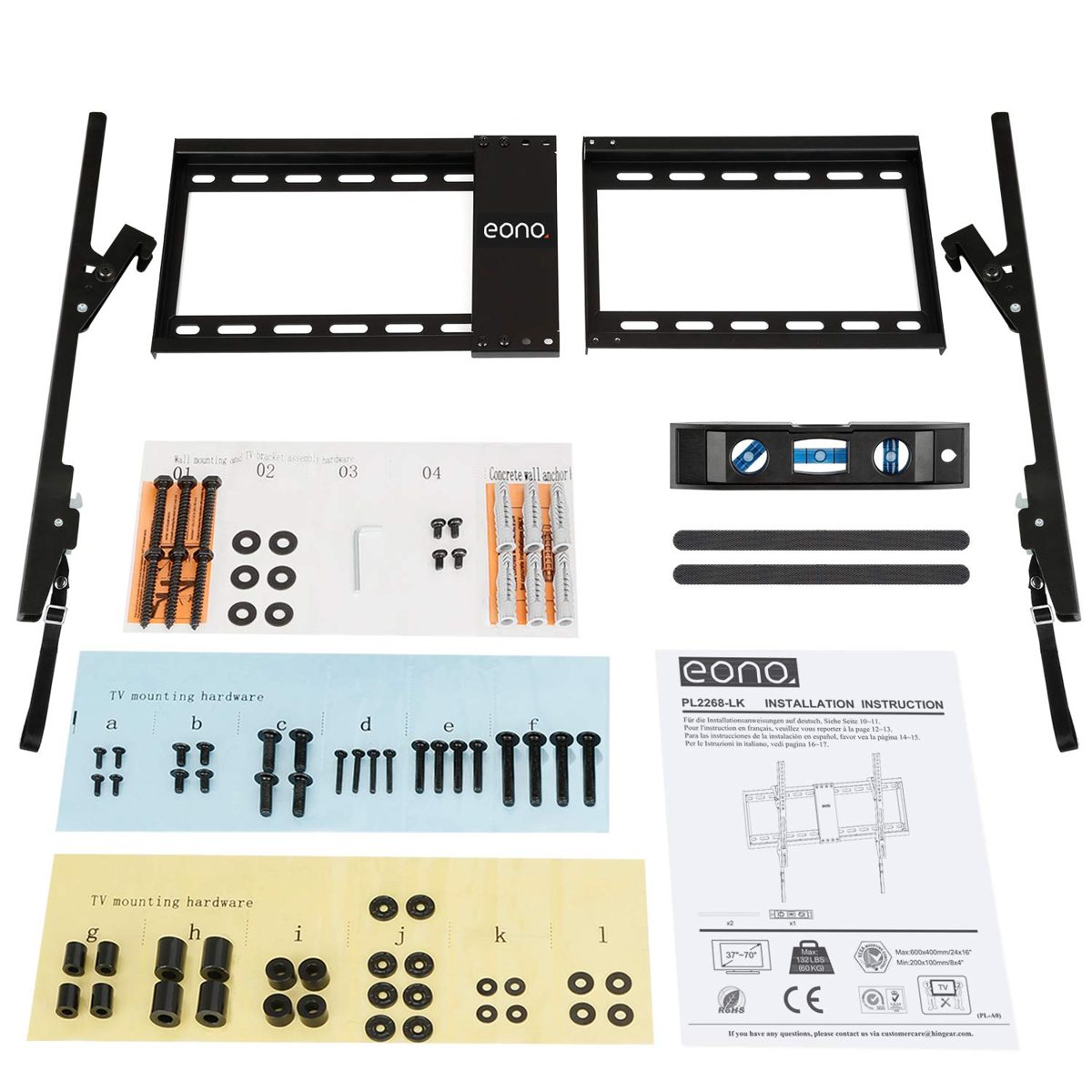 Eono Essentials TV Wall Mount Tiltable for Many 26-55 Inch LEDs, LCD, OLED, Plasma TVs up to VESA 400 x 400 mm and 40 kg, Inclinable TV Bracket including Fischer dowels