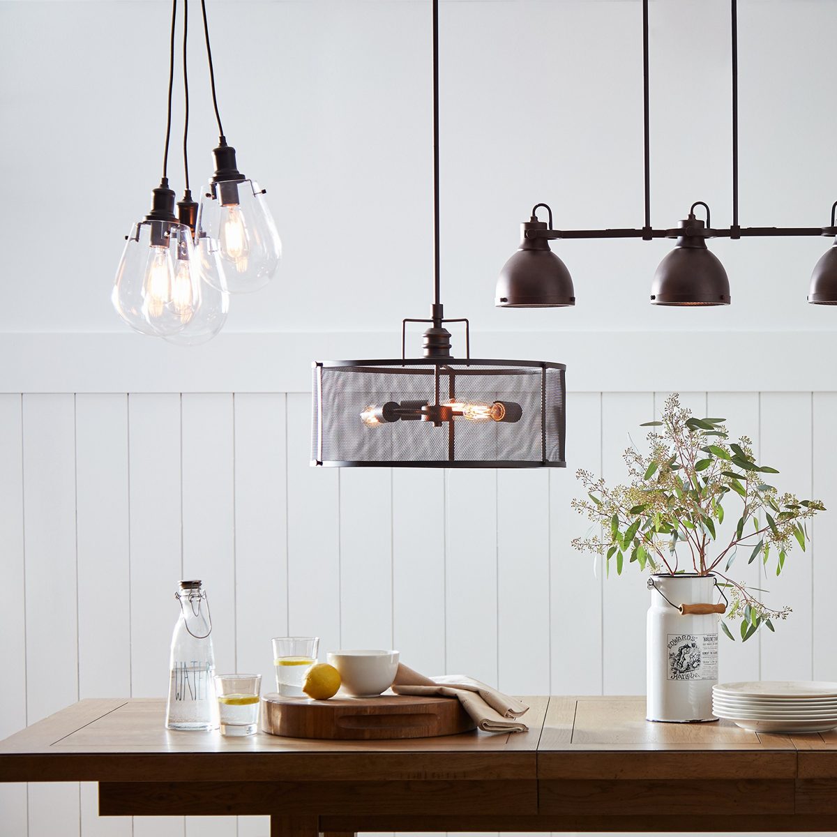 Amazon Brand – Stone & Beam Melissa Industrial Round Glass Cluster Pendant Chandelier Fixture With 3 Light Bulbs - 6.75 x 6.75 Inches, 13.5 - 62.5 Inch Cord, Black