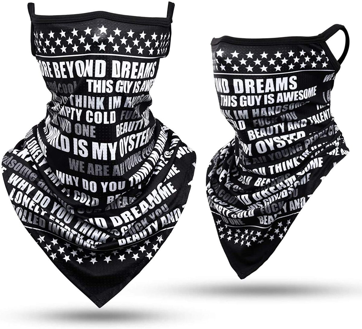 Ear Loops Neck Gaiter, Hissox Womens Mens Face Scarf Shield Bandana Ear Loops Dust UV Balaclava Outdoors Sports Mouth Cover Beanie for Fishing Hunting 1 Pcs Off-White Letters with Stars