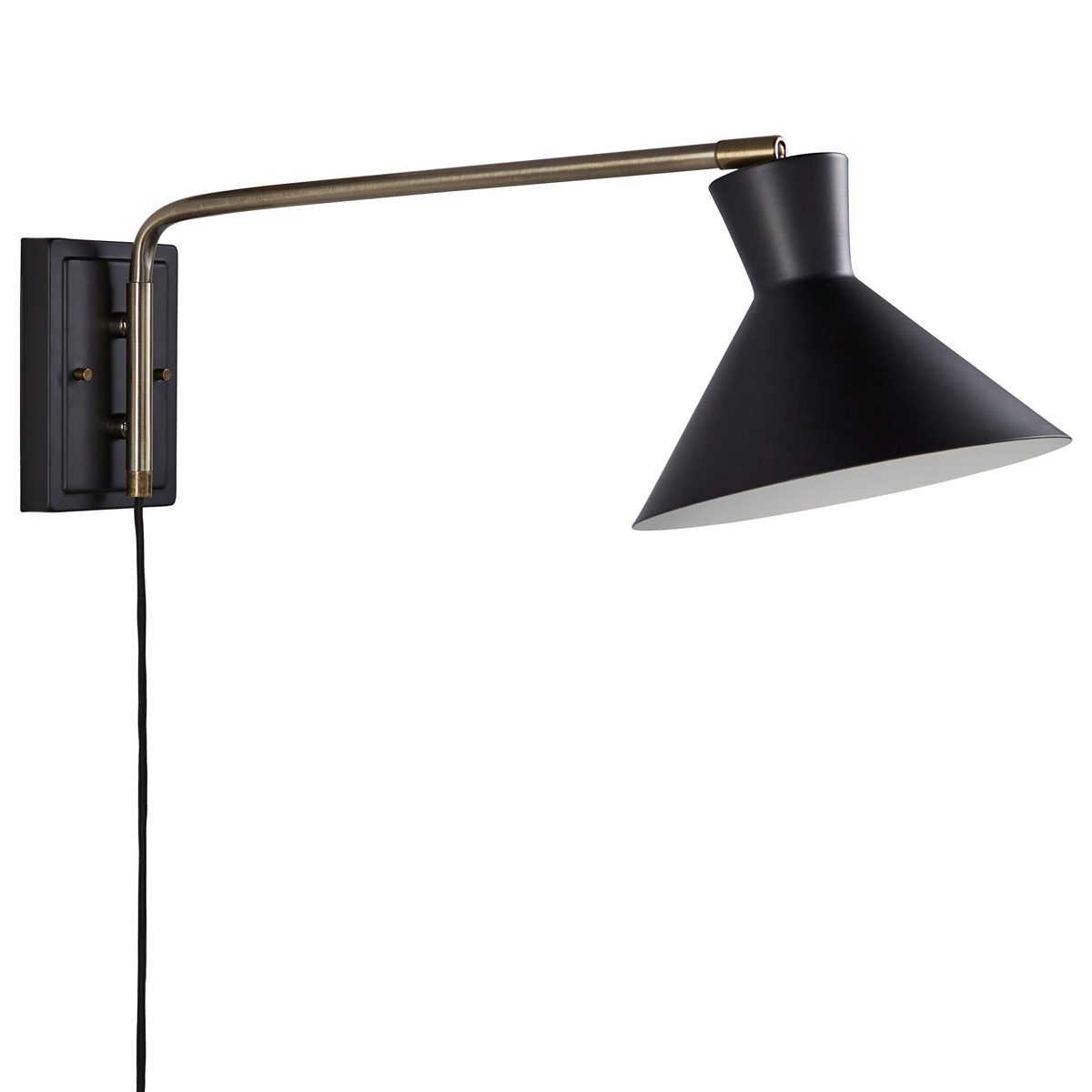 Amazon Brand – Rivet Mid-Century Swiveling Long Arms, Pivoting Head, Plug-In, Hardwire or 2-in-1 Option Wall Sconce with Bulb, 10.4"H, Matte Black with Antique Brass
