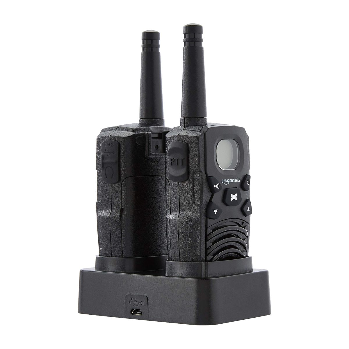 AmazonBasics 2 Way Radio Walkie Talkie with desktop charger, batteries, long distance connection, LCD display, FM Radio (Pack of 2)