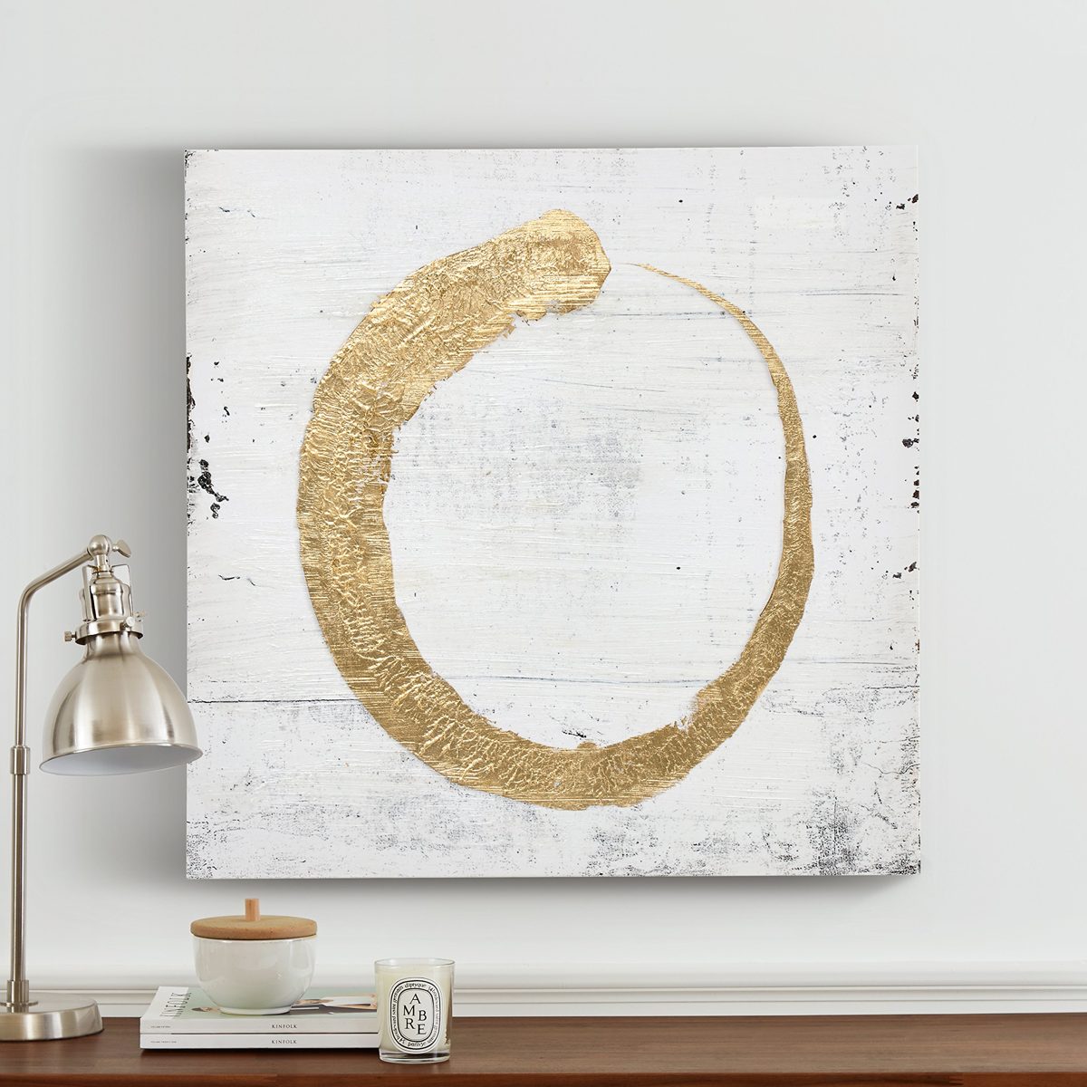 Amazon Brand – Rivet Abstract Modern Gold Halo Painting on White Canvas Wall Art Decor, 30" x 30"
