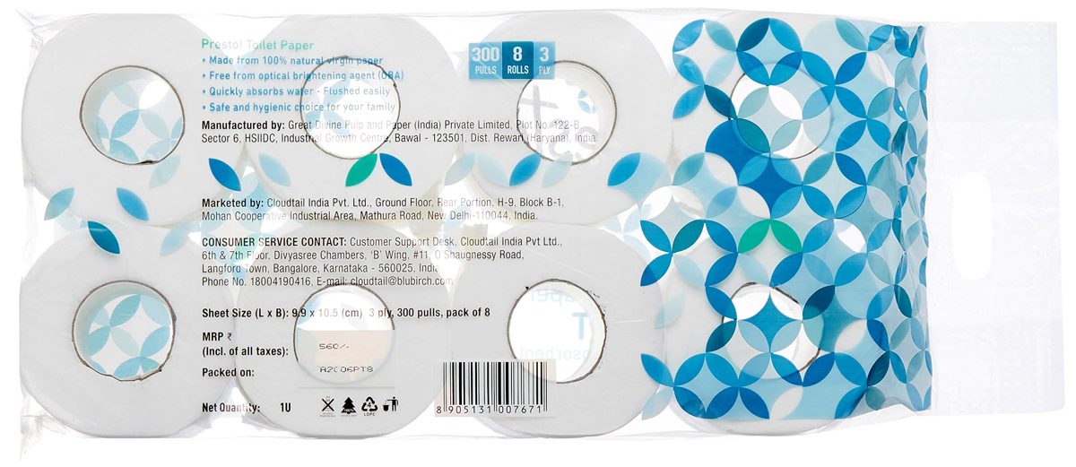 Amazon Brand - Presto! 3 Ply Bathroom Tissue Toilet Paper Roll - 8 Rolls (300 Sheets Per Roll)