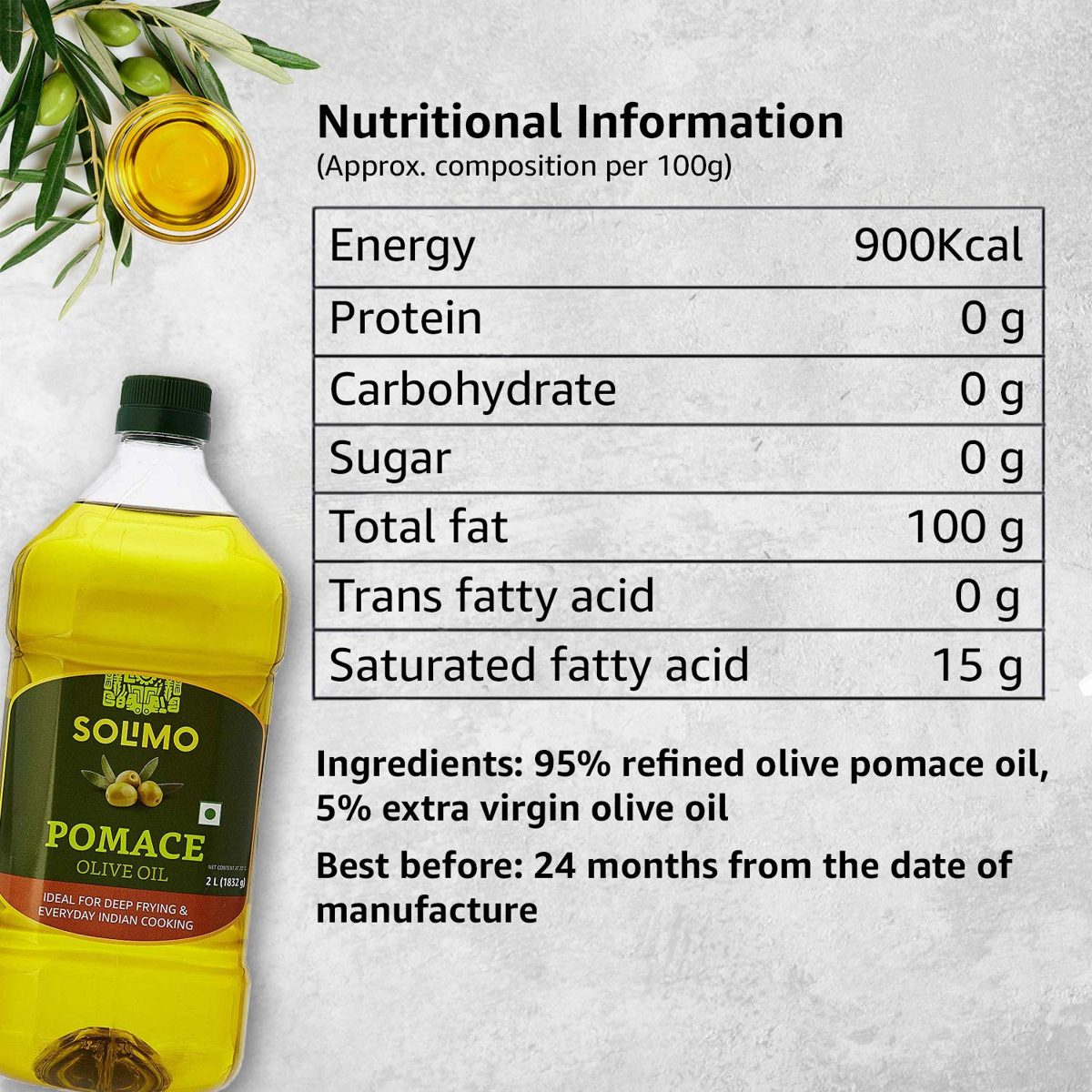 Amazon Brand - Solimo Pomace Olive Oil, 2L