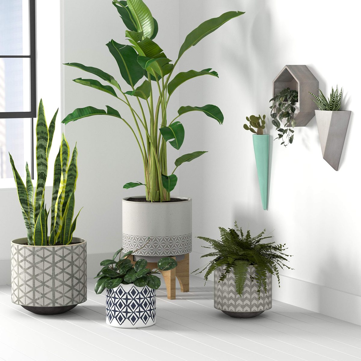 Amazon Brand – Rivet Rustic Chevron-Patterned Stoneware Planter, 6.3"H, White and Gray