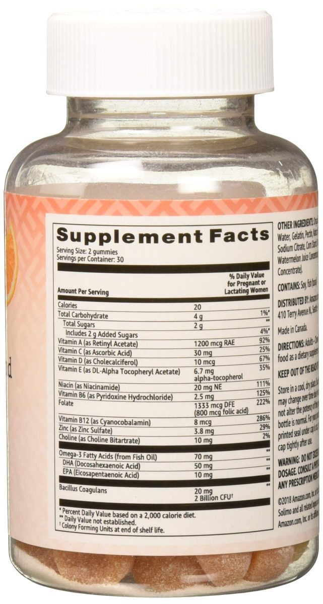 Amazon Brand - Solimo Prenatal & Probiotic Blend - Pregnancy Wellness - 70mg Omega 3 Fatty Acids with 20mg Probiotics, 60 Gummies, 1 Month Supply