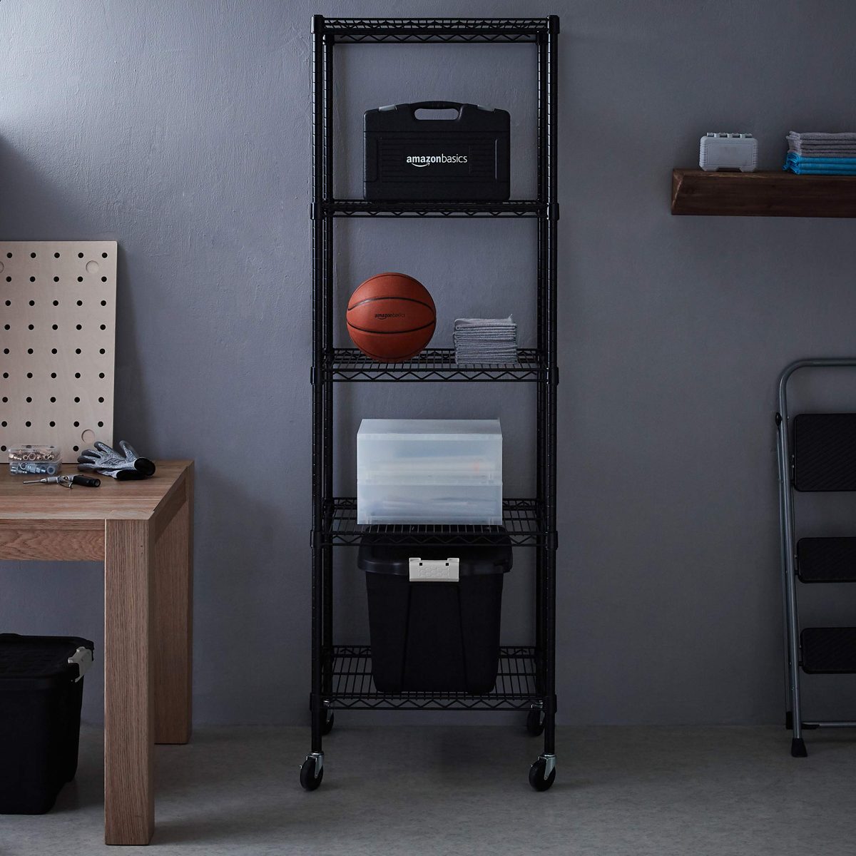 AmazonCommercial Heavy-Duty 5-Tier Steel Wire Shelving with Optional Wheels, NSF Certified, 24" W x 18" D, Black