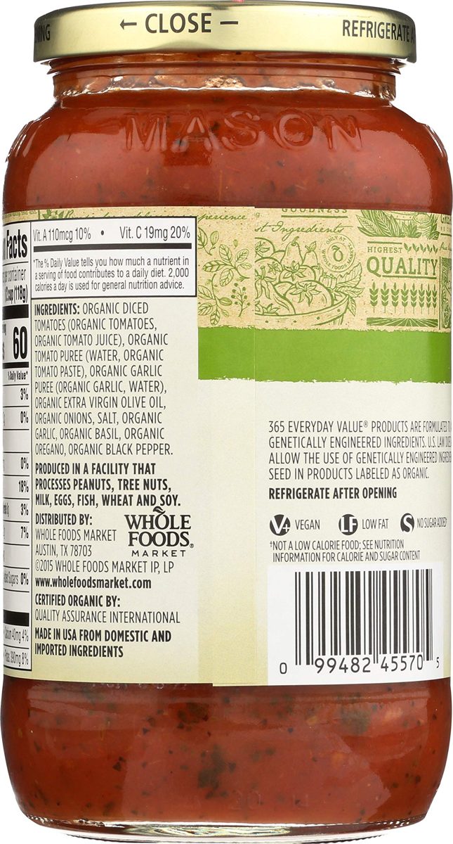 365 Everyday Value, Organic Marinara Pasta Sauce, 25 oz