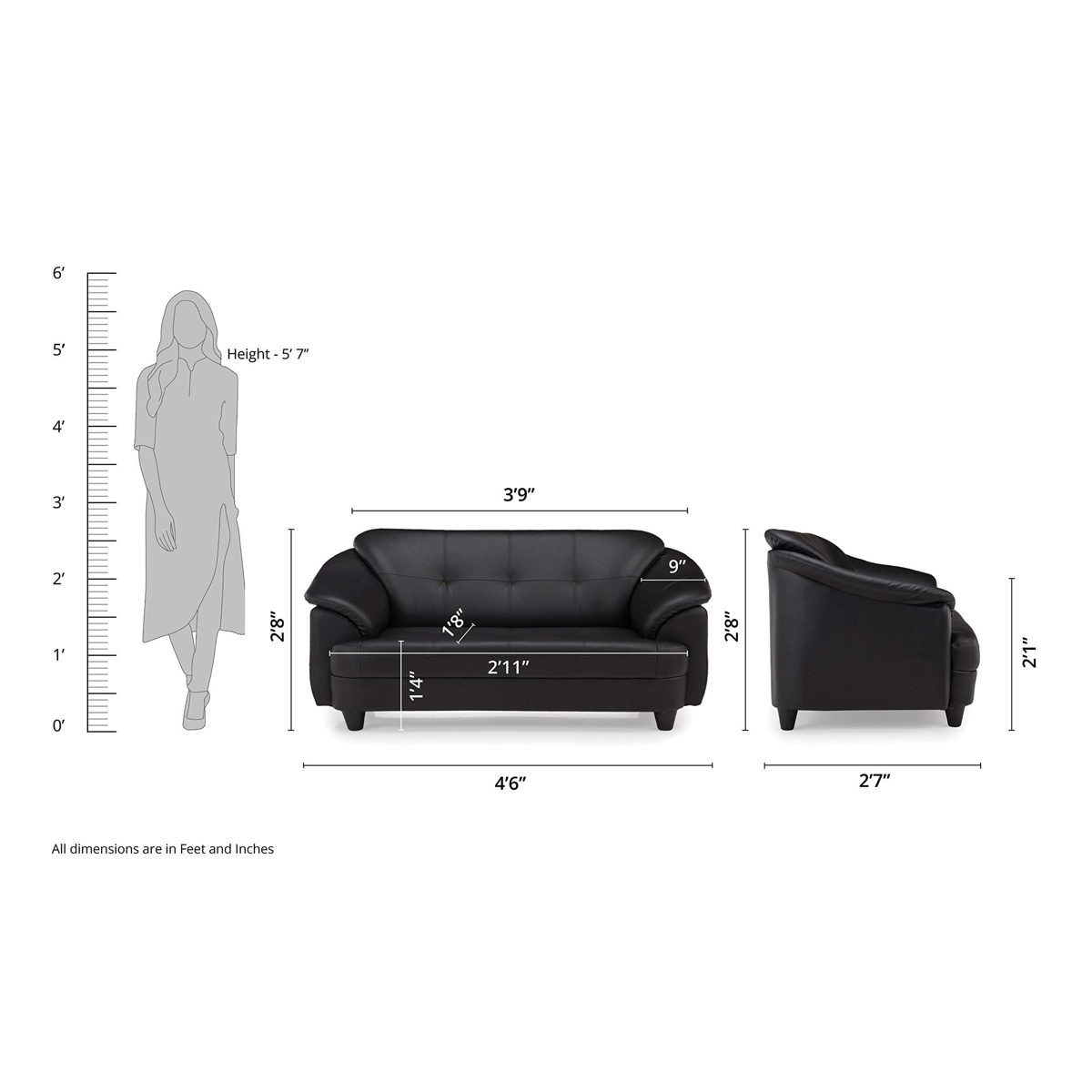 Amazon Brand - Solimo Newport Leatherette 2 Seater Sofa (Black)