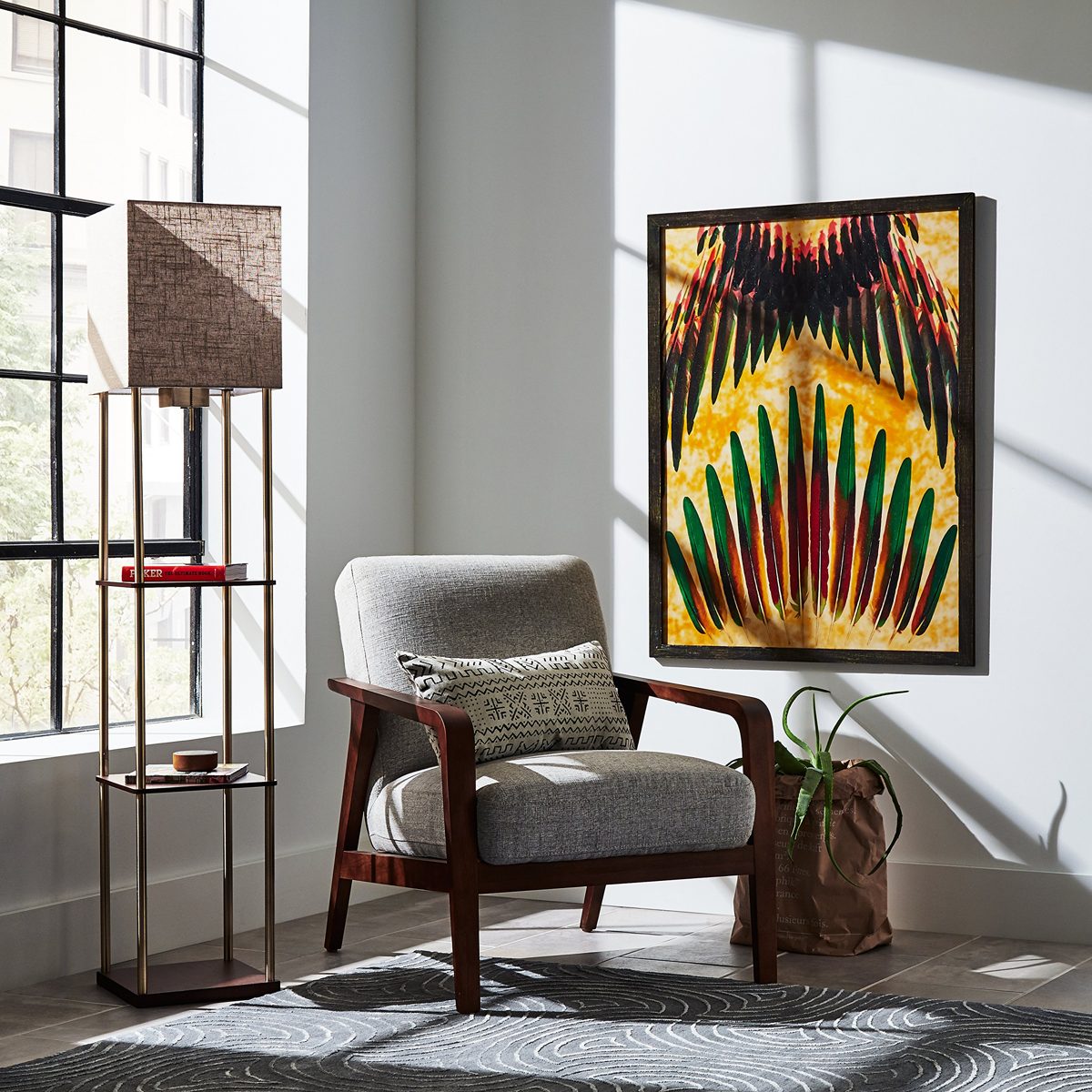Rivet Olive 4 Wood Shelf Standing Floor Lamp With Light Bulb and USB Charging Station - 11.8 x 11.8 x 62 Inches, Brass
