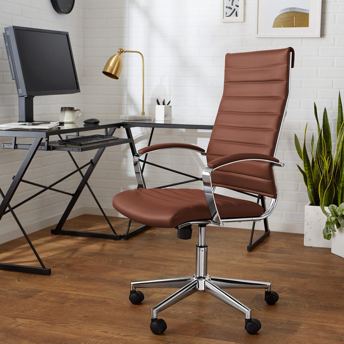 AmazonBasics High-Back Executive Swivel Office Desk Chair with Ribbed Puresoft Upholstery - Brick Red, Lumbar Support, Modern Style