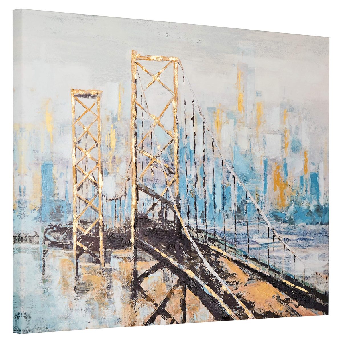 Amazon Brand – Rivet Contemporary Bridge Print with Gold Leaf Wall Art Decor on Canvas - 30 x 40 Inch, Blue and Gold