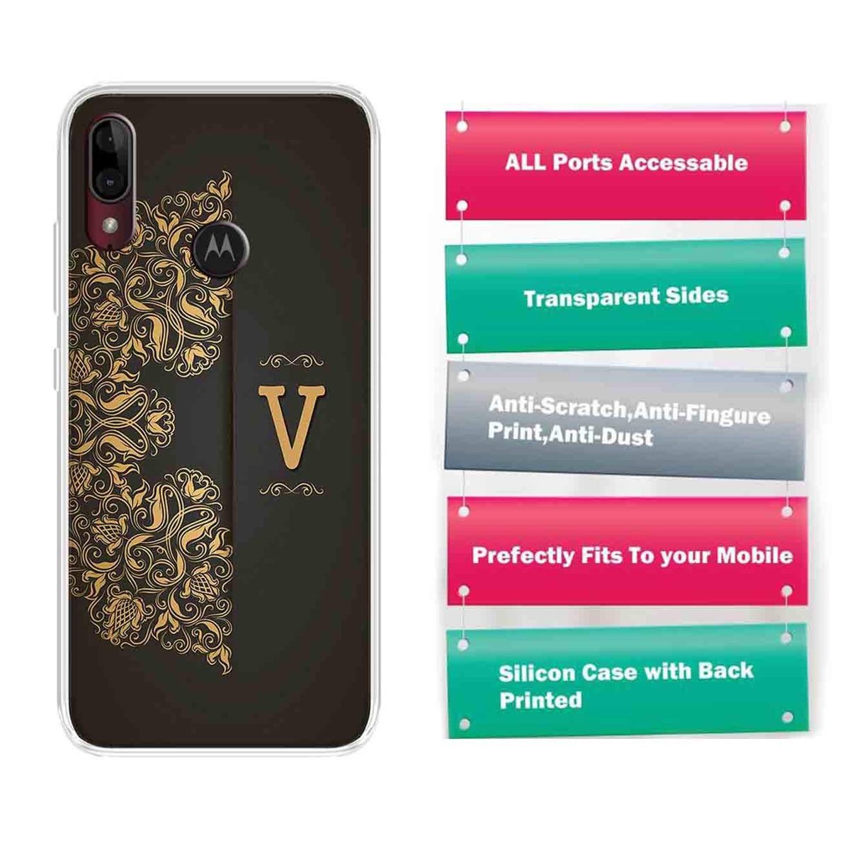 Amazon Brand - Solimo Designer Multicolor Black Pattern Alphabet-V Printed Soft Back Case Mobile Cover for Motorola Moto E6s / Motorola Moto E6 Plus