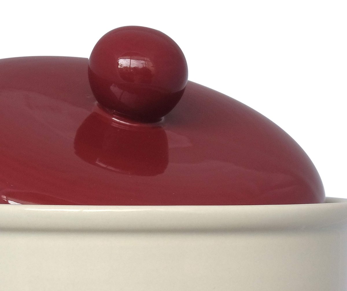 Amazon Brand – Ravenna Home Classic Stoneware 3-Piece Labeled Canister Set - Set of 3, White with Red Lid