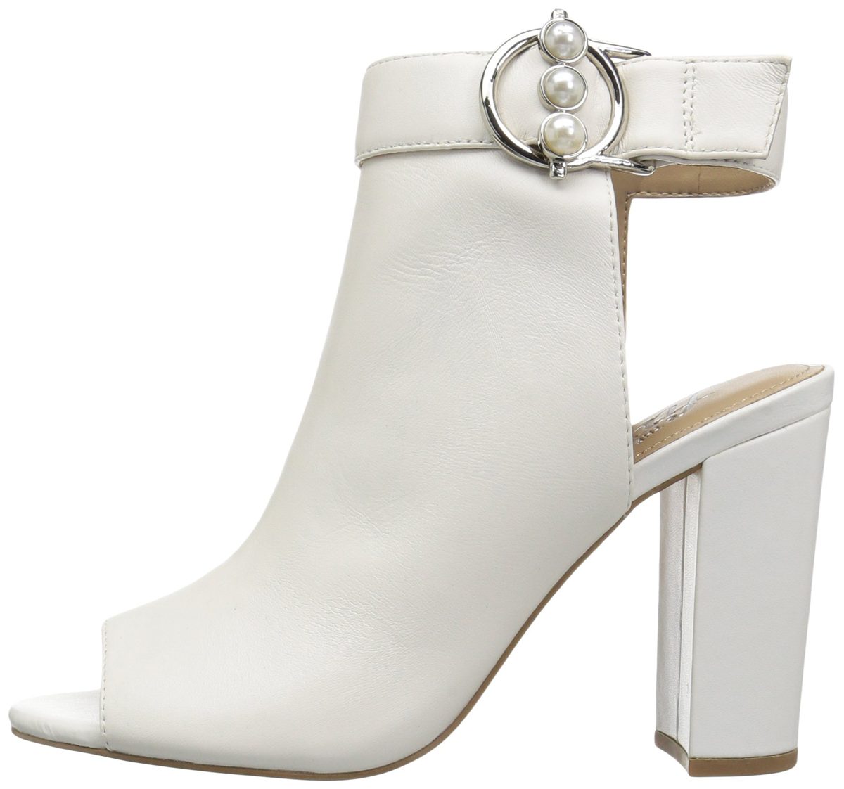 Amazon Brand - The Fix Women's Giana Open Toe Bootie with Pearl Buckle, bright white leather, 6.5 B US