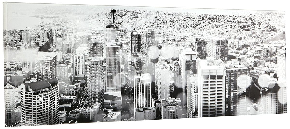 Amazon Brand – Rivet Seattle Sun Flare in Black and White Canvas Print of Seattle, 30" x 10"