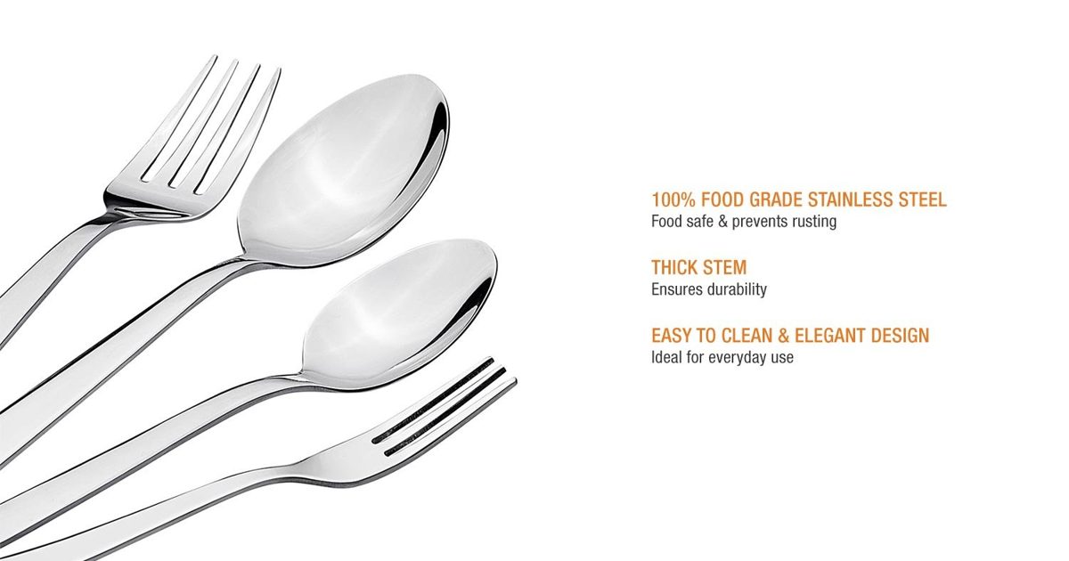 Amazon Brand - Solimo 24 Piece Stainless Steel Cutlery Set, Classique (Contains: 6 Table Spoons, 6 Tea Spoons, 6 Forks, 6 Fruit Forks), Silver