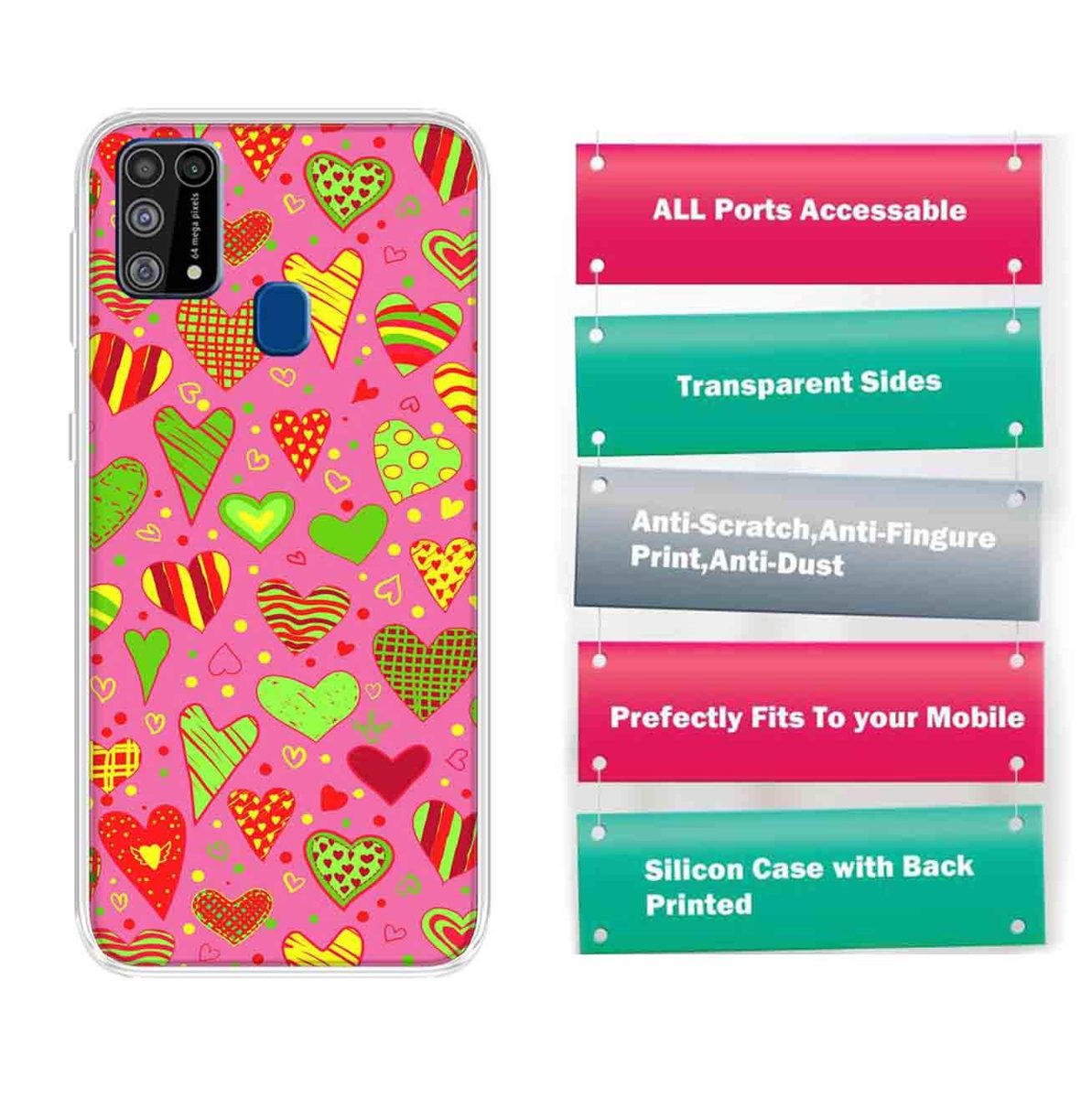 Amazon Brand - Solimo Designer Multicolor Heart Clip Art Pink Pattern Design Printed Soft Back Case Mobile Cover for Samsung Galaxy M31