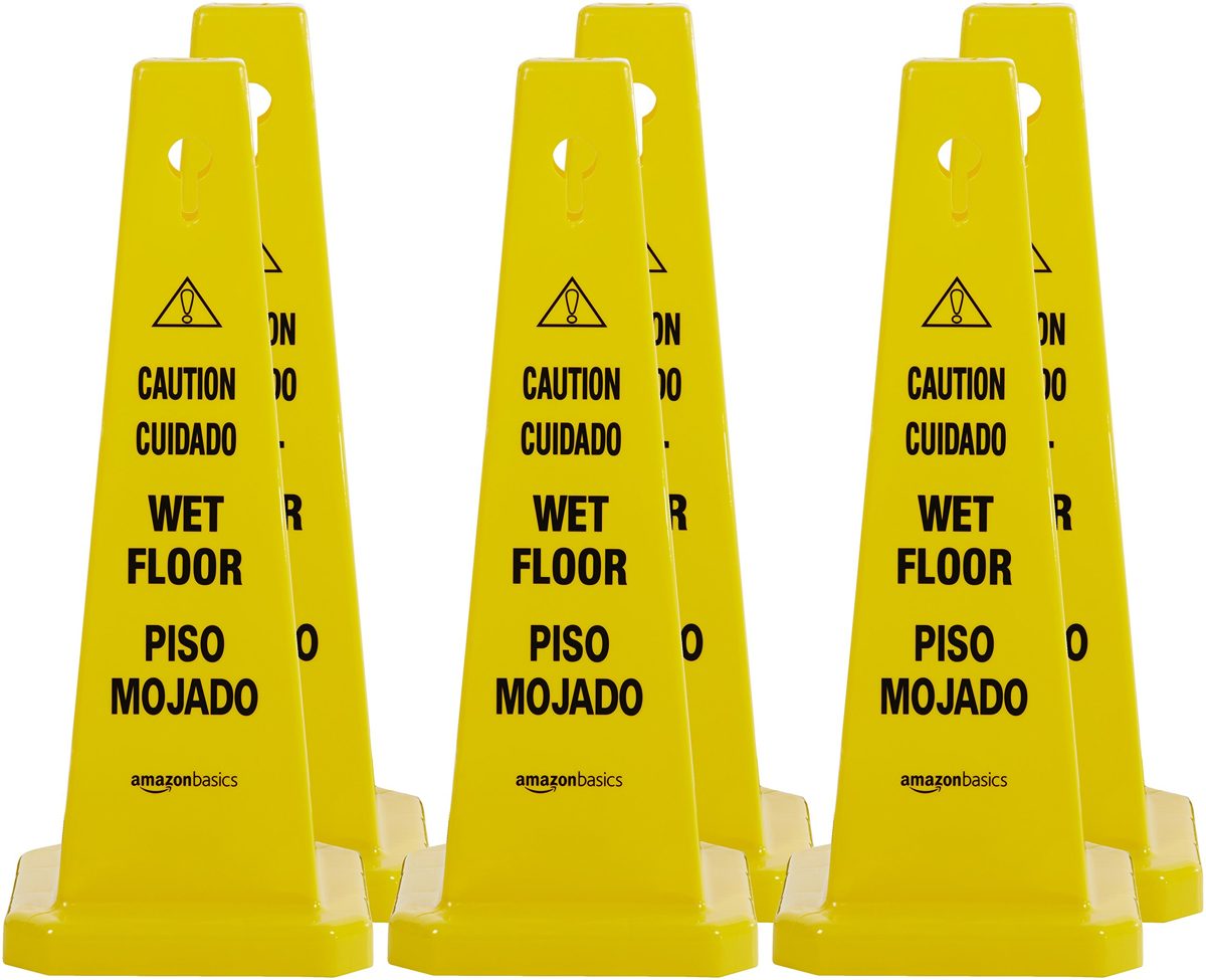 AmazonBasics Floor Safety Cone, 25-3/4-Inch - Caution Wet Floor, Bilingual - 6-Pack