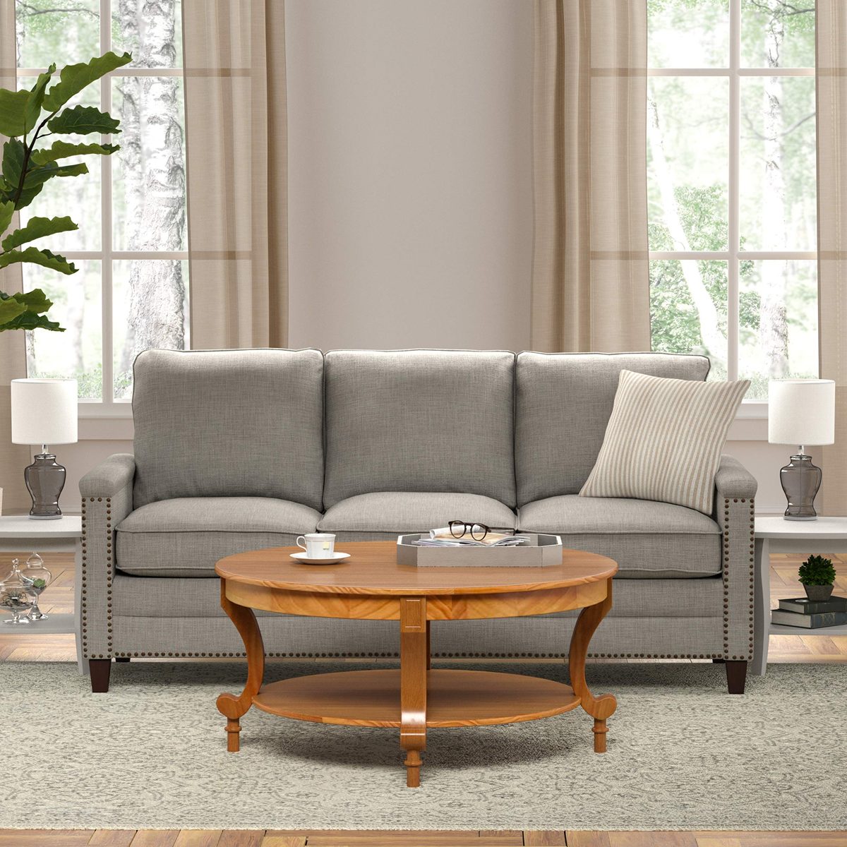Amazon Brand – Ravenna Home Traditional Solid Pine Coffee Table, 19''H, Oak Finish