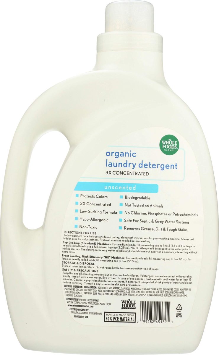 Whole Foods Market, Organic Laundry Detergent 3X Concentrated, Unscented, 100 fl oz