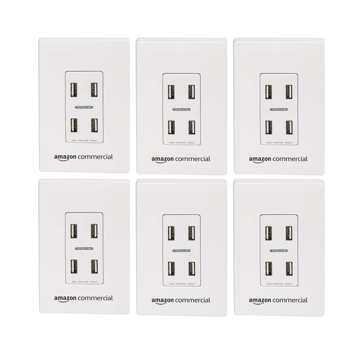 Amazoncommercial In Wall USB Charger, 4 USB Charger (Total 4.8A), with Snap-on Wallplate, 6-Pack