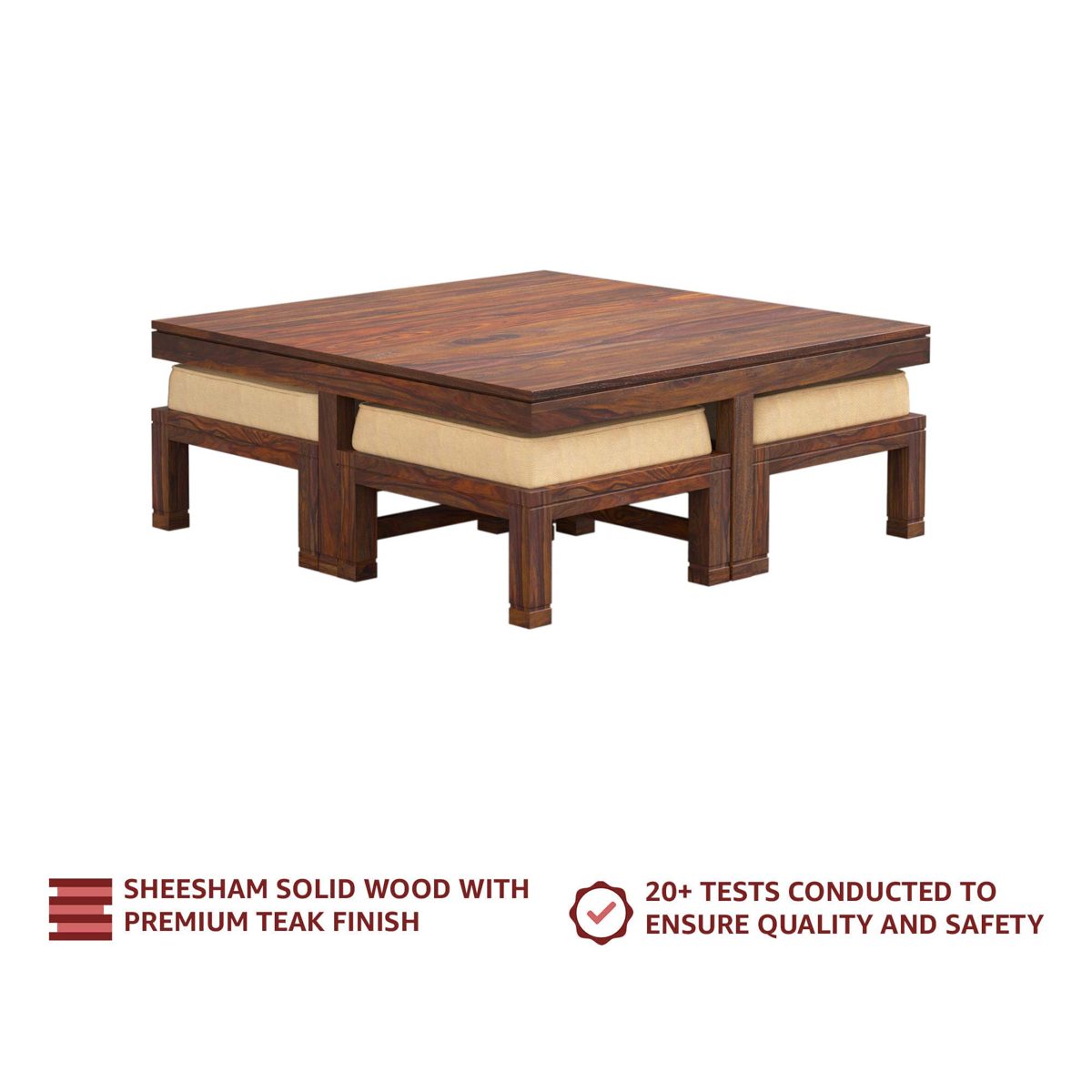 Amazon Brand - Solimo Andro Solid Sheesham Wood Coffee Table with 4 Stools (Teak Finish)