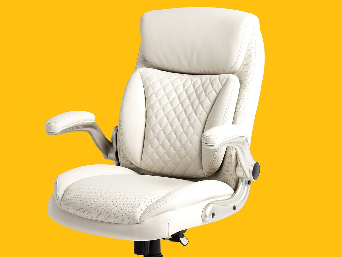 AmazonCommercial Ergonomic High-Back Rhombus-Stitched Leather Executive Chair, with Flip-up Armrests and Motive Lumbar Support, Cream/Ivory