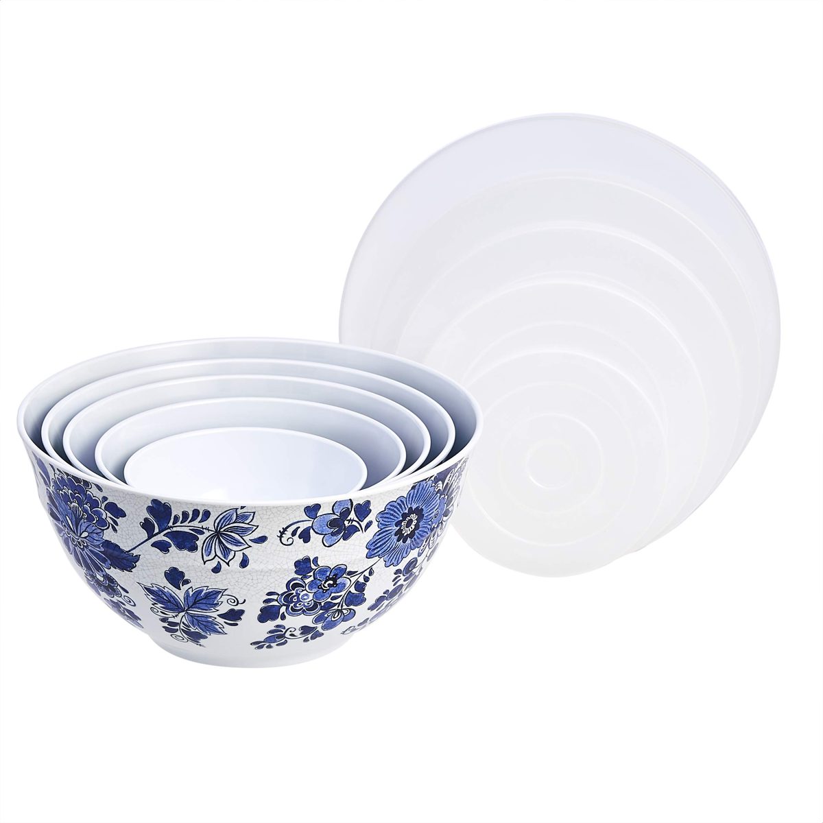 AmazonBasics 10-Piece Mixing Bowl Set with Lids - Non-Slip Base, Blue and White Floral