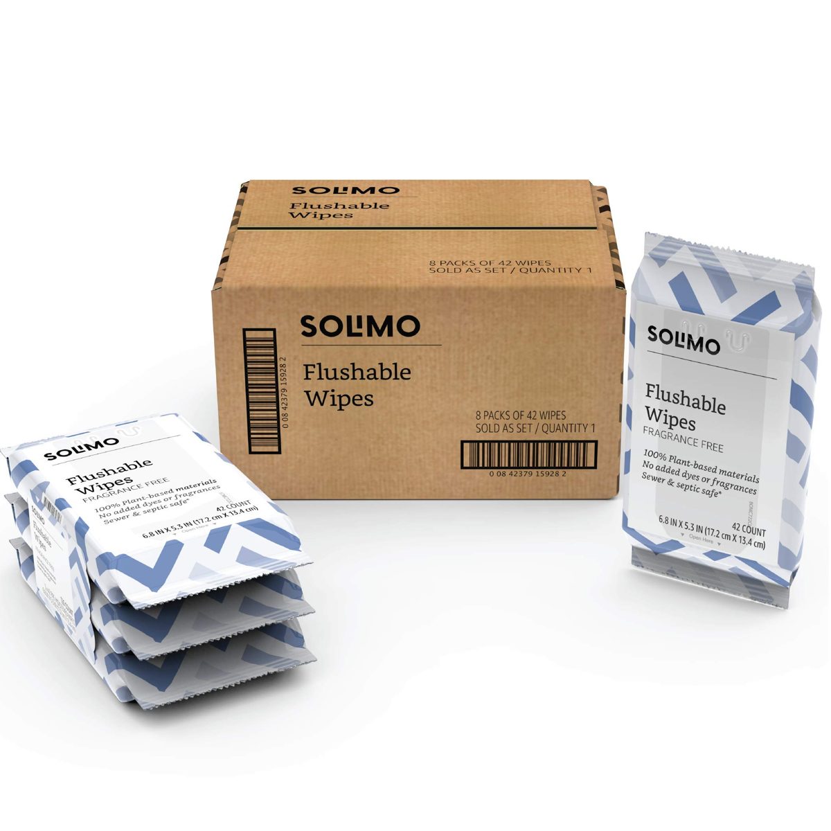 Amazon Brand - Solimo Flushable Adult Toilet Wipes, Fragrance Free, 336 Count (8 packs of 42)