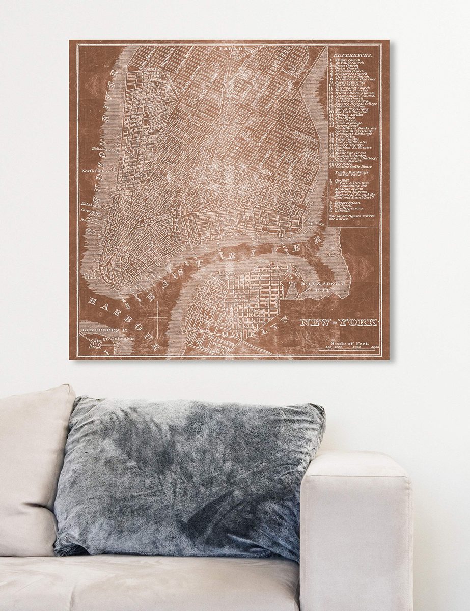 Amazon Brand – Stone & Beam Modern Copper Print Wall Art of New York City Map on Canvas, 24" x 24"