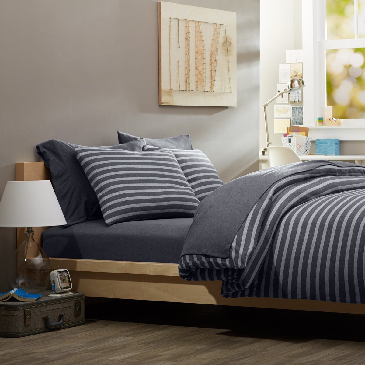 Pinzon by Amazon Heather Jersey Yarn Dye, Gray Stripe, Single Duvet Set with 2 pillowcases