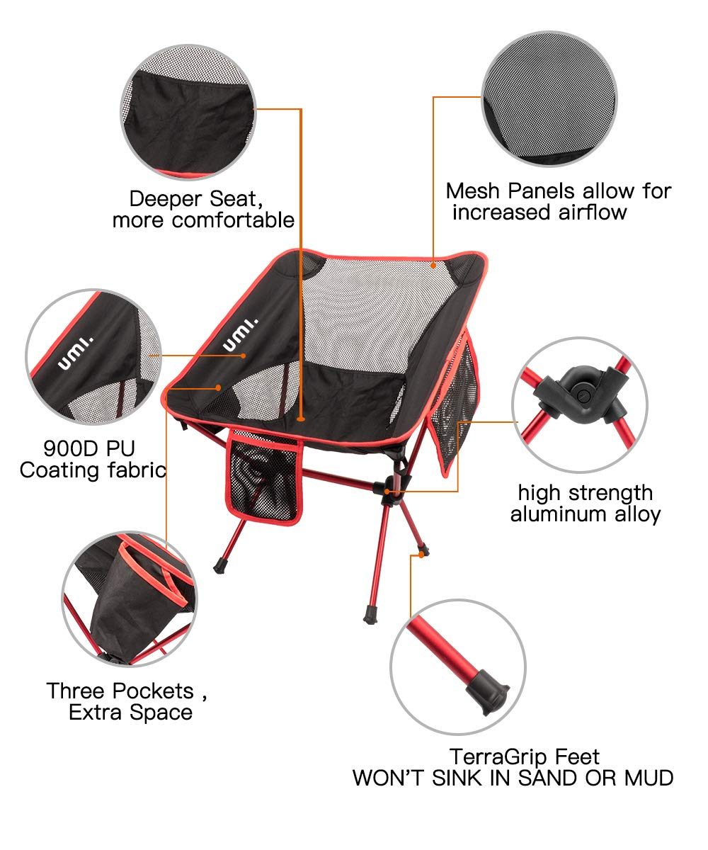 UMI. Essentials Portable Camping Chair Compact Ultralight Folding Chair with Carry Bag for Hiking, Beach,Fishing,Outdoor Heavy Duty 265 lb Capacity Red