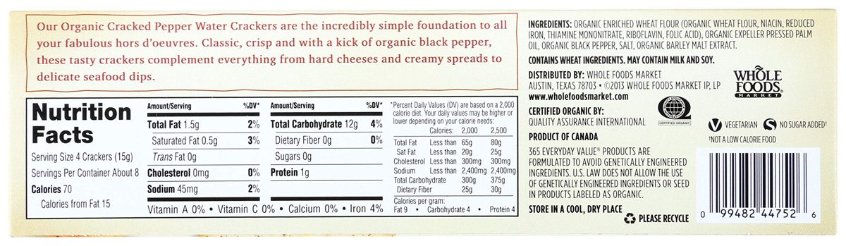 365 Everyday Value, Organic Cracked Pepper Water Crackers, 4.4 oz