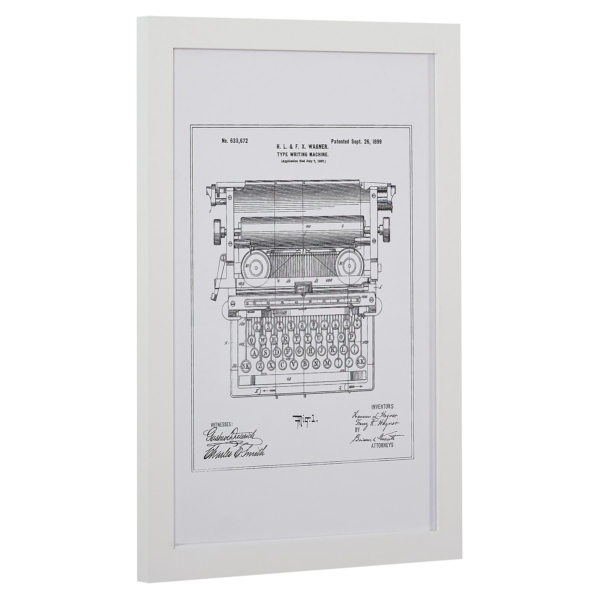 Black on White Blueprint of 1899 Typewriter, White Frame, 15" x 21"