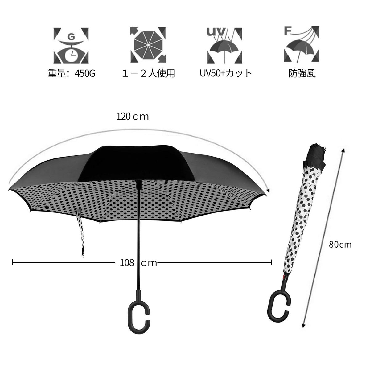 [Amazon Brand] Eono Double Layer Inverted Umbrella, Reverse Folding Umbrella, Self Standing Windproof UV Protection, Travel Umbrella, Car Rain and Outdoor, C-Shape Handles, White Dots