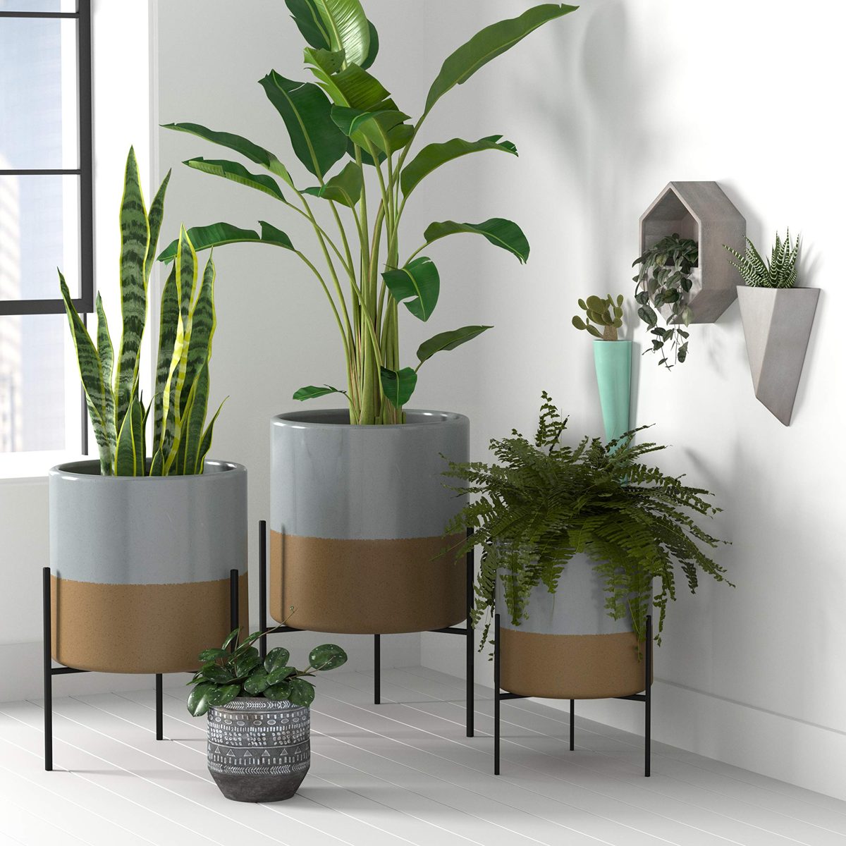 Rivet Mid-Century Ceramic Planter with Iron Stand, 14" High, Grey and Tan