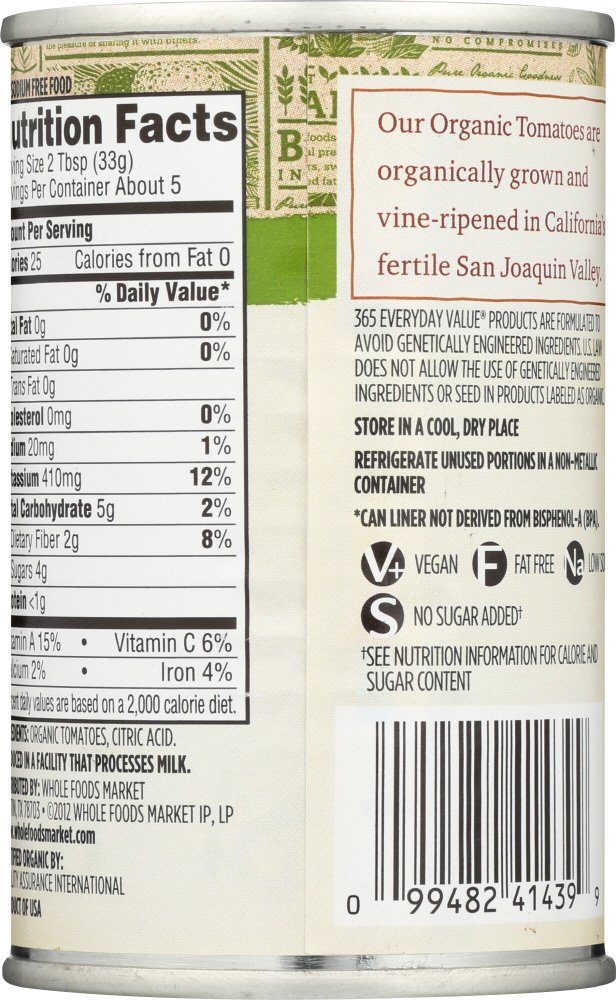 365 Everyday Value, Organic Tomato Paste, No Salt Added, 6 oz