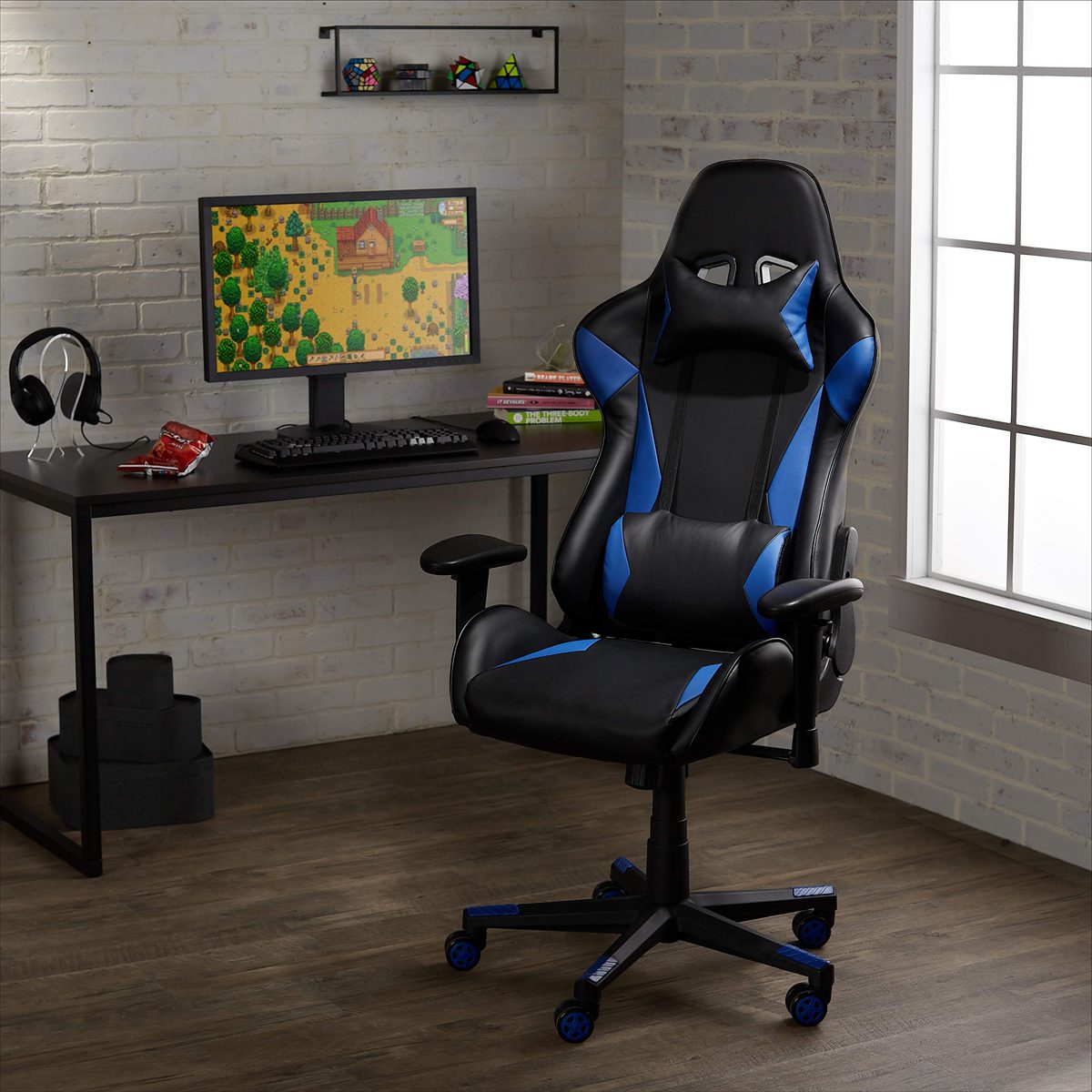 AmazonBasics Gaming/Racing Style Office Chair with Removable Headrest and High Back Cushion - Blue