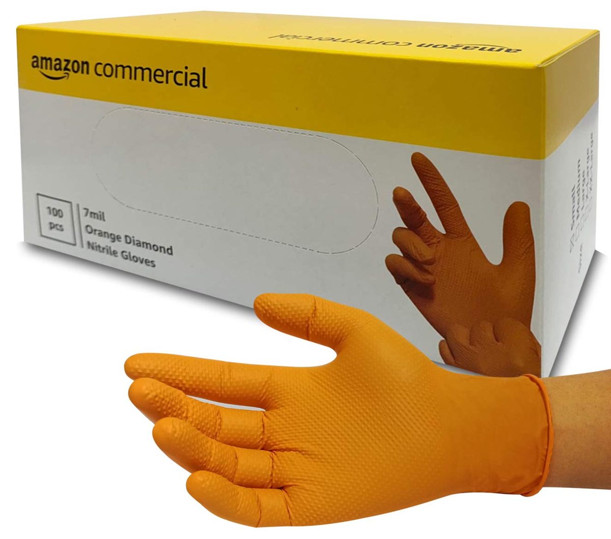 AmazonCommercial Powder Free Disposable Nitrile Gloves, 7 mil, Orange, Diamond Textured, 240MM Size L, 100 per Pack