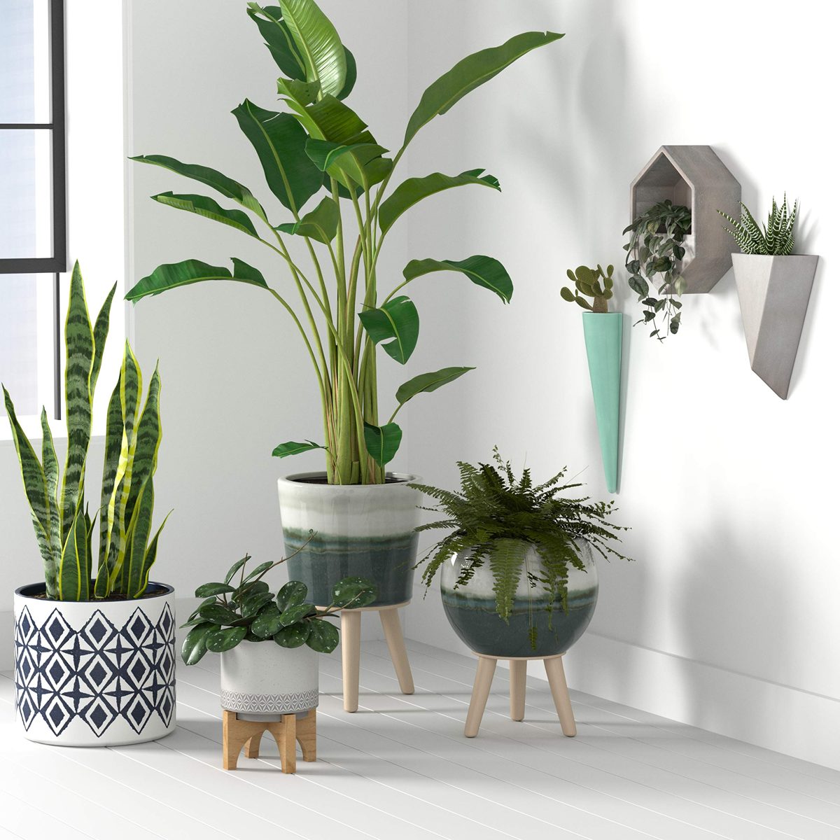 Amazon Brand – Rivet Mid-Century Diamond-Patterned Stoneware Planter, 7.67"H, Blue and White