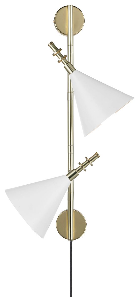 Amazon Brand – Rivet 2-Light Plug-In Wall Sconce with Glossy White Shades, LED Bulbs Included, 24"H, Antique Brass